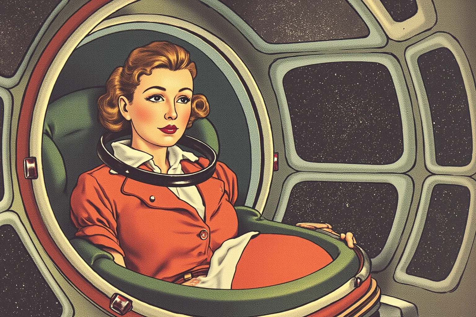Illustration of a woman in a vintage Soviet-era spacesuit inside a small capsule cockpit with round instrument panels