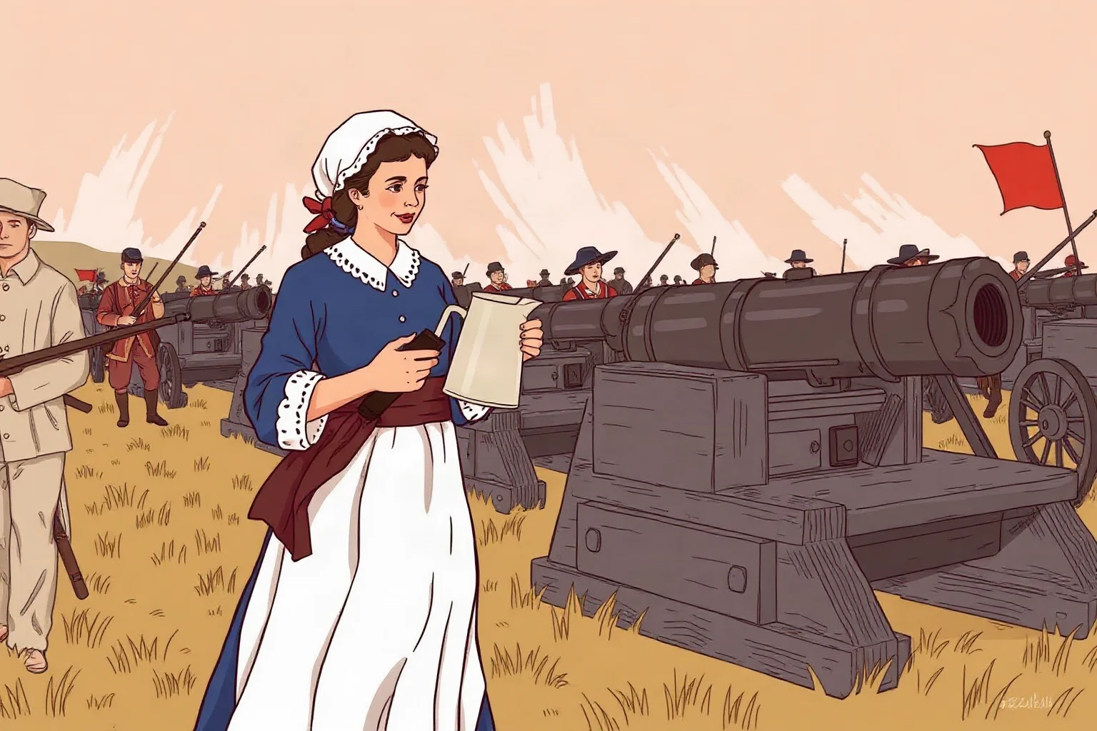 Illustration of a woman in colonial dress carrying a water pitcher near cannon crews on a battlefield