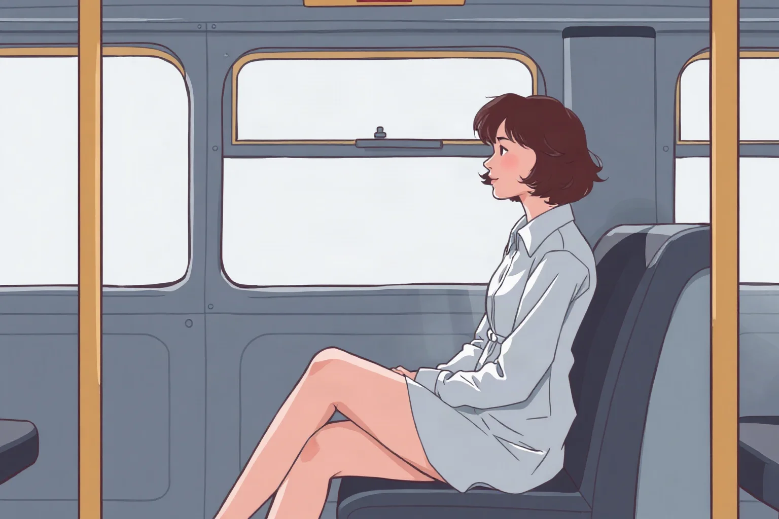 Illustration of a woman sitting quietly on a vintage bus seat, looking out the window with calm resolve