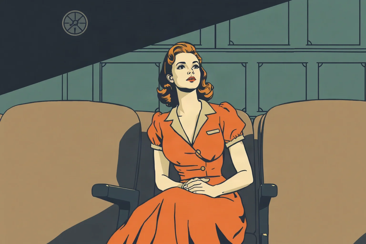 Illustration of a woman sitting resolutely in a vintage cinema seat, 1940s theatre interior, historical illustration style