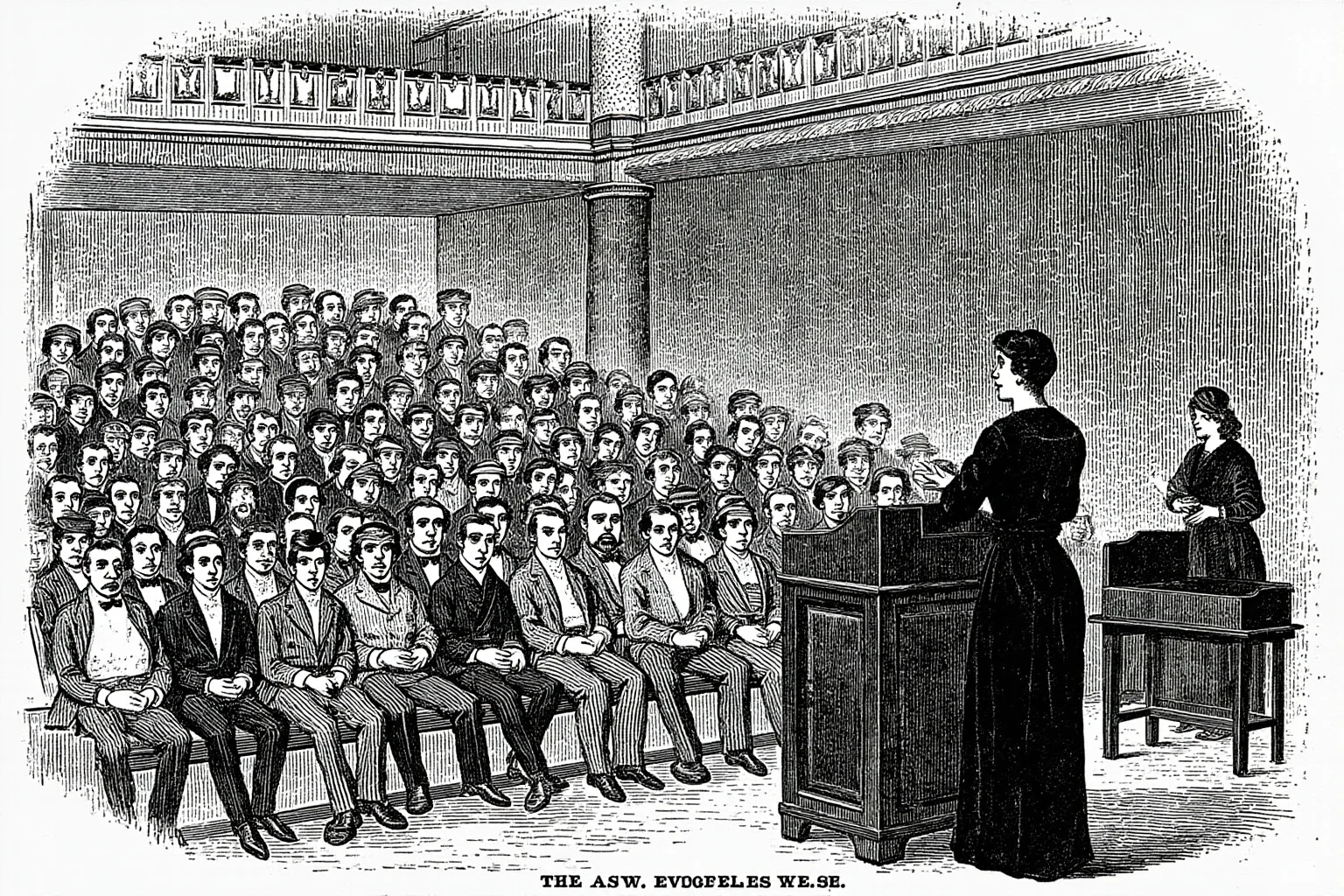 Illustration of a woman standing at a podium before a large seated audience in an early 20th-century auditorium