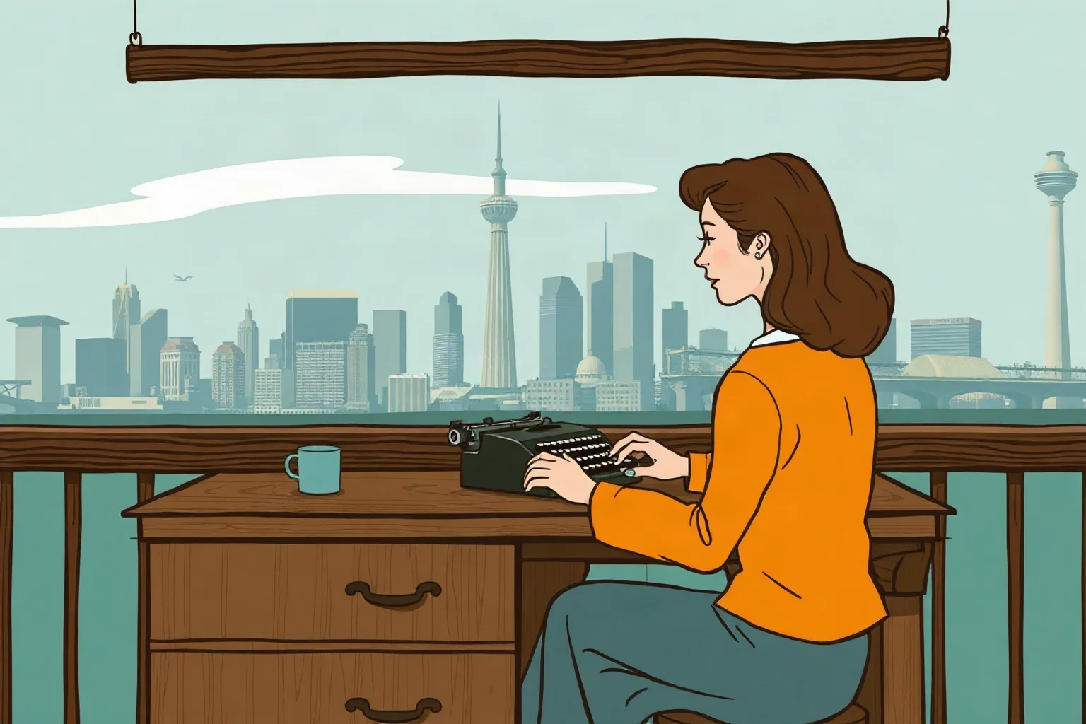 Historic Canadian Icons the Whole World Should Know 20 Illustration of a woman writer at a wooden desk with a typewriter overlooking a city skyline, mid-20th-century literary illustration style
