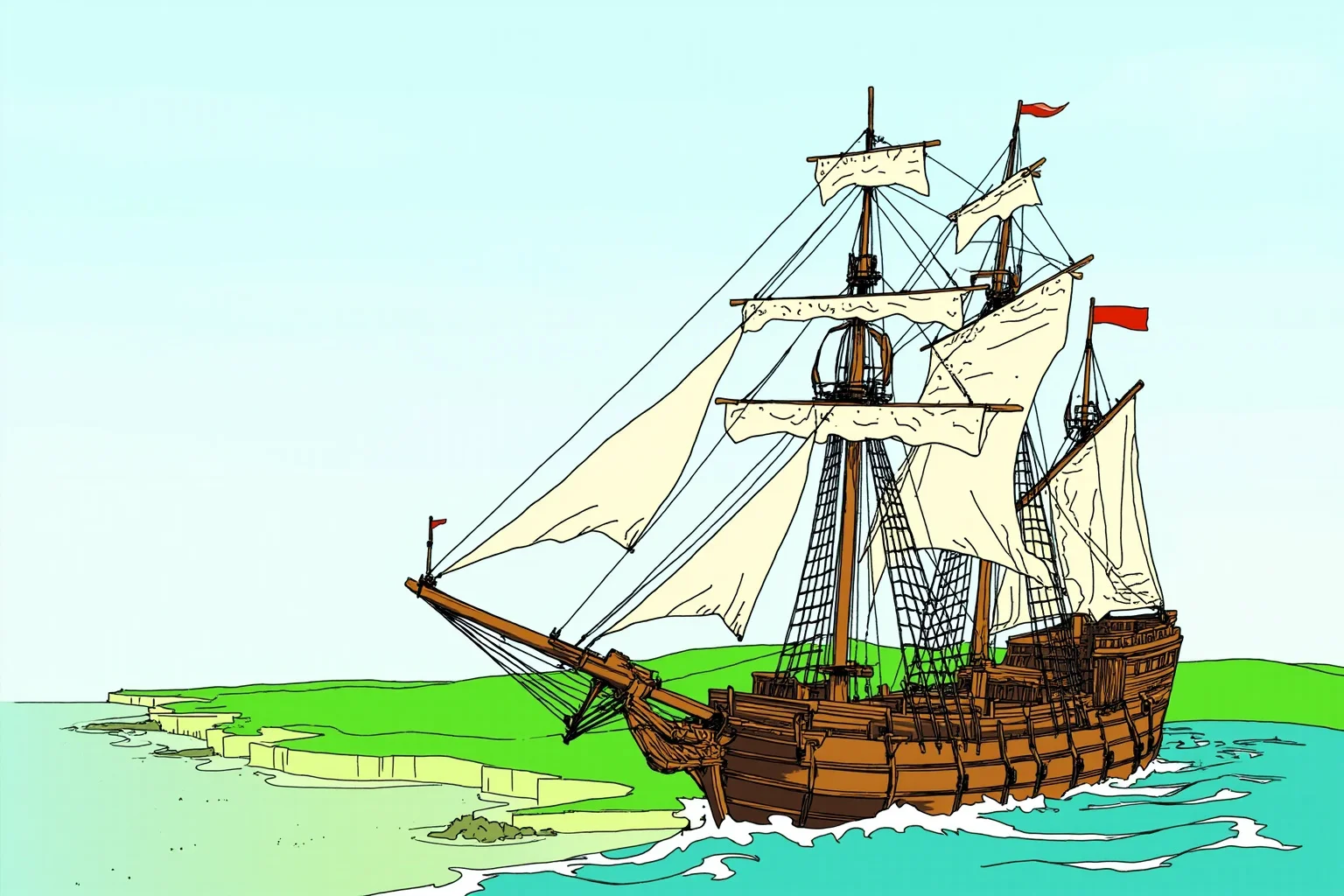 Illustration of a wooden 18th-century sailing ship charting a green coastline under a clear sky
