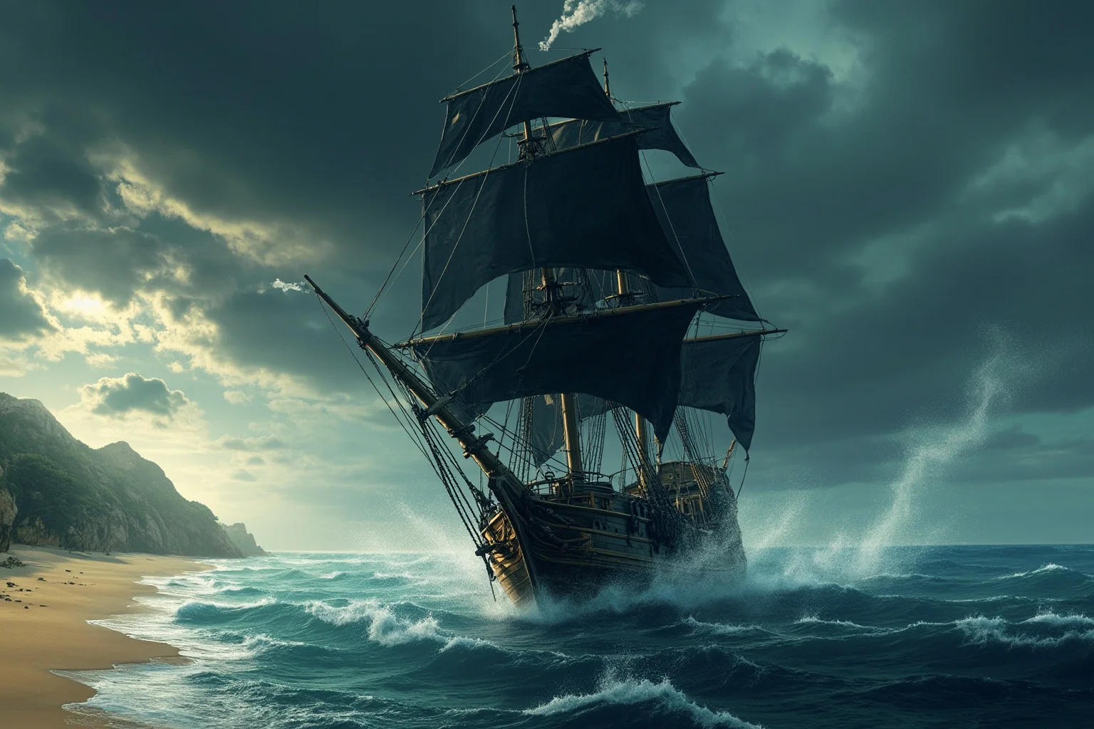 Lost At Sea: 20 Most Famous Shipwrecks in History 11 Illustration of a wooden pirate galleon with black sails caught in a storm off a sandy cape coastline