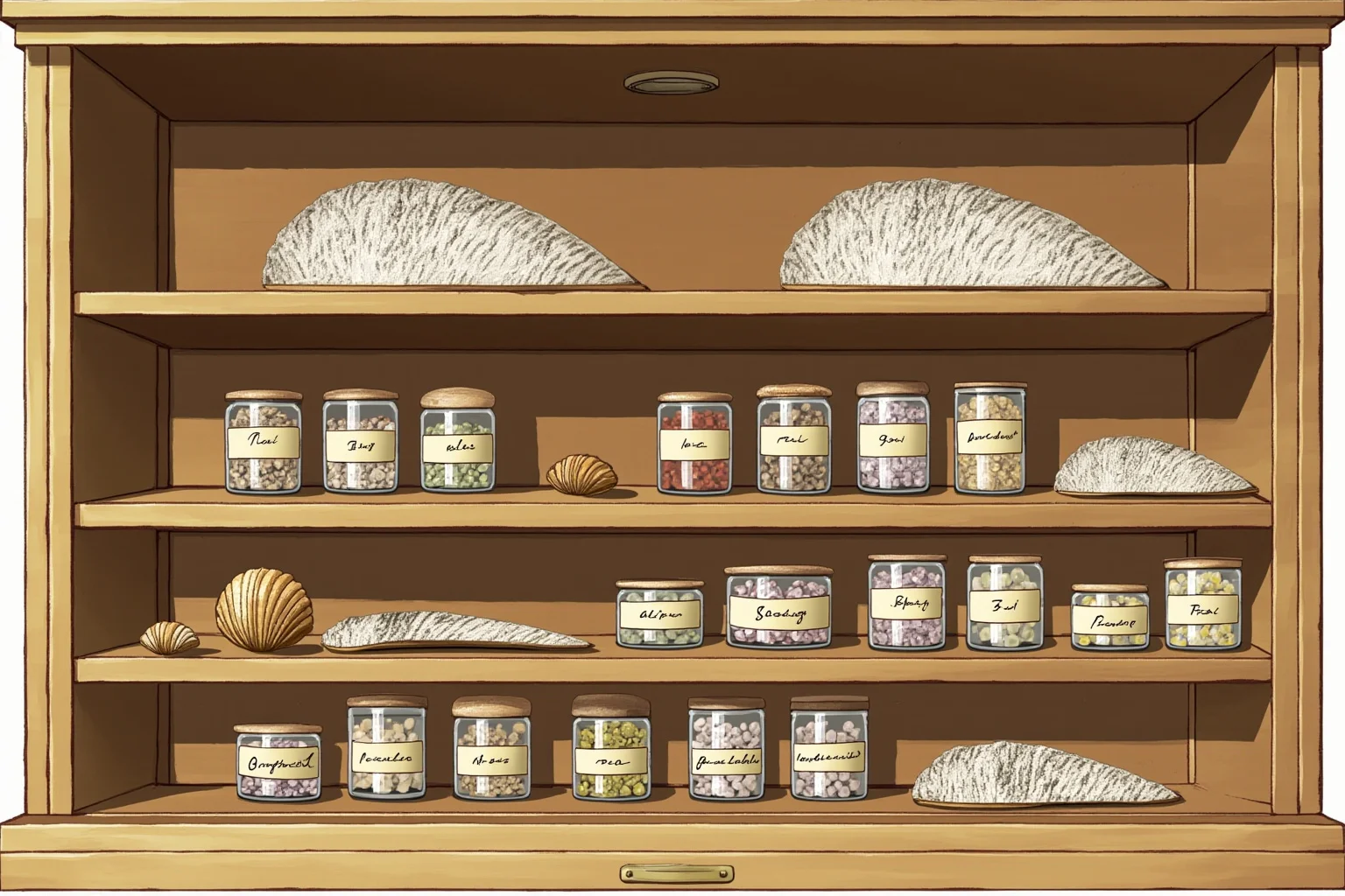 Illustration of a wooden specimen cabinet filled with labeled jars of small sea barnacles