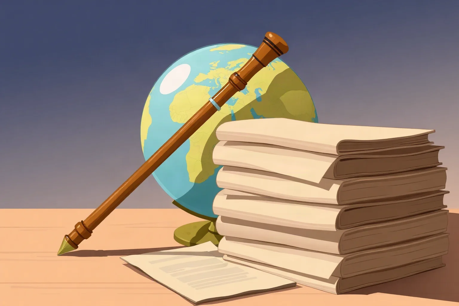 Illustration of a wooden walking stick leaning against a globe and stacks of diplomatic papers
