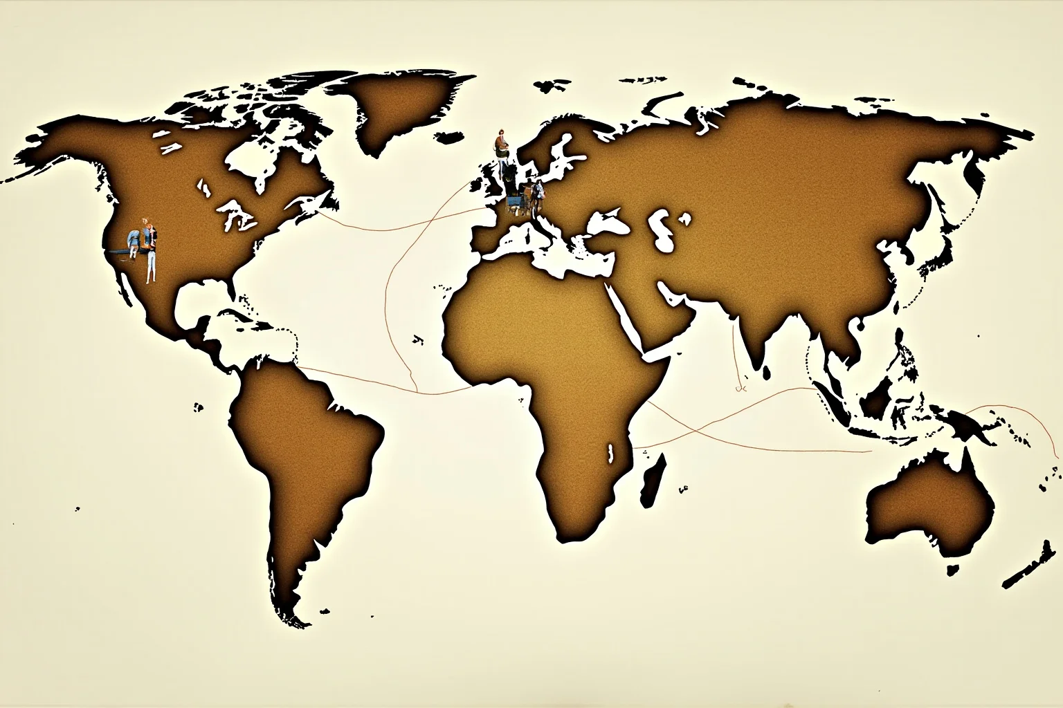 Illustration of a world map with small figures and travel routes connecting different continents, vintage style