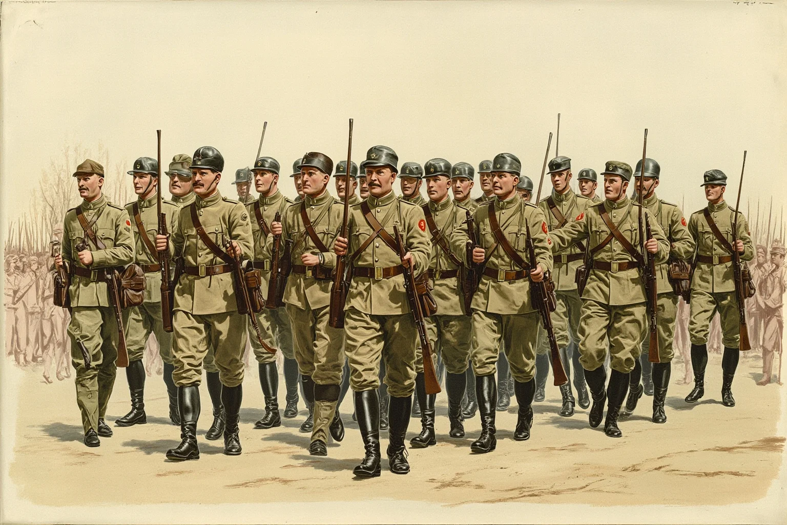 Unsung Heroes History Doesn't Talk About Enough 19 Illustration of a World War I era infantry regiment of soldiers marching together in formation, period-accurate uniforms