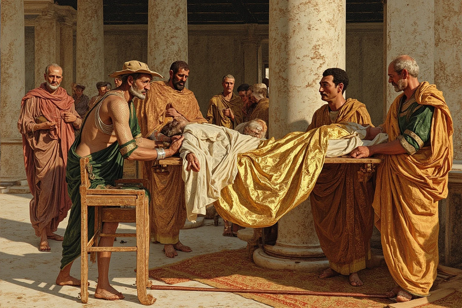 Monarchs Whose Reigns Were Hilariously Short 21 Illustration of a wounded Byzantine emperor in golden robes being supported by attendants inside a marble palace