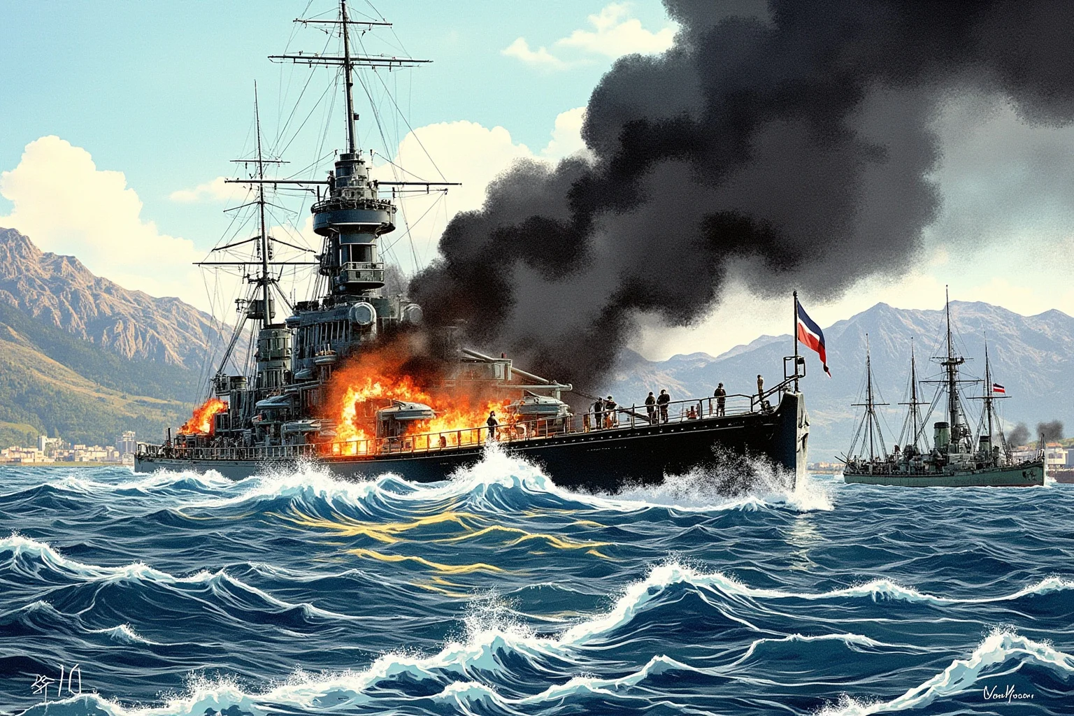 Lost At Sea: 20 Most Famous Shipwrecks in History 6 Illustration of a WWII-era battleship engulfed in smoke and fire sinking in a harbor with mountains in the background