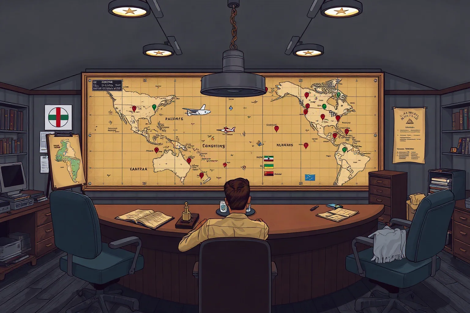 Illustration of a WWII Pacific theater military headquarters map room with strategic markers