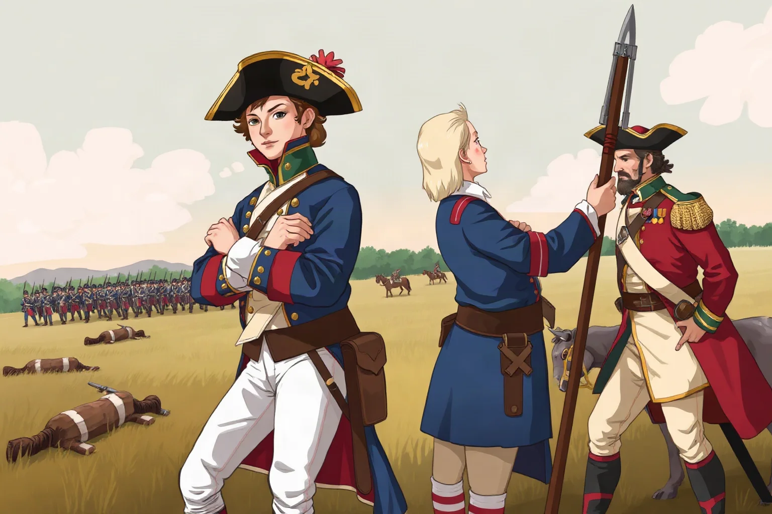 Illustration of a young 18th-century French aristocrat in military uniform standing beside an American colonial officer on a battlefield
