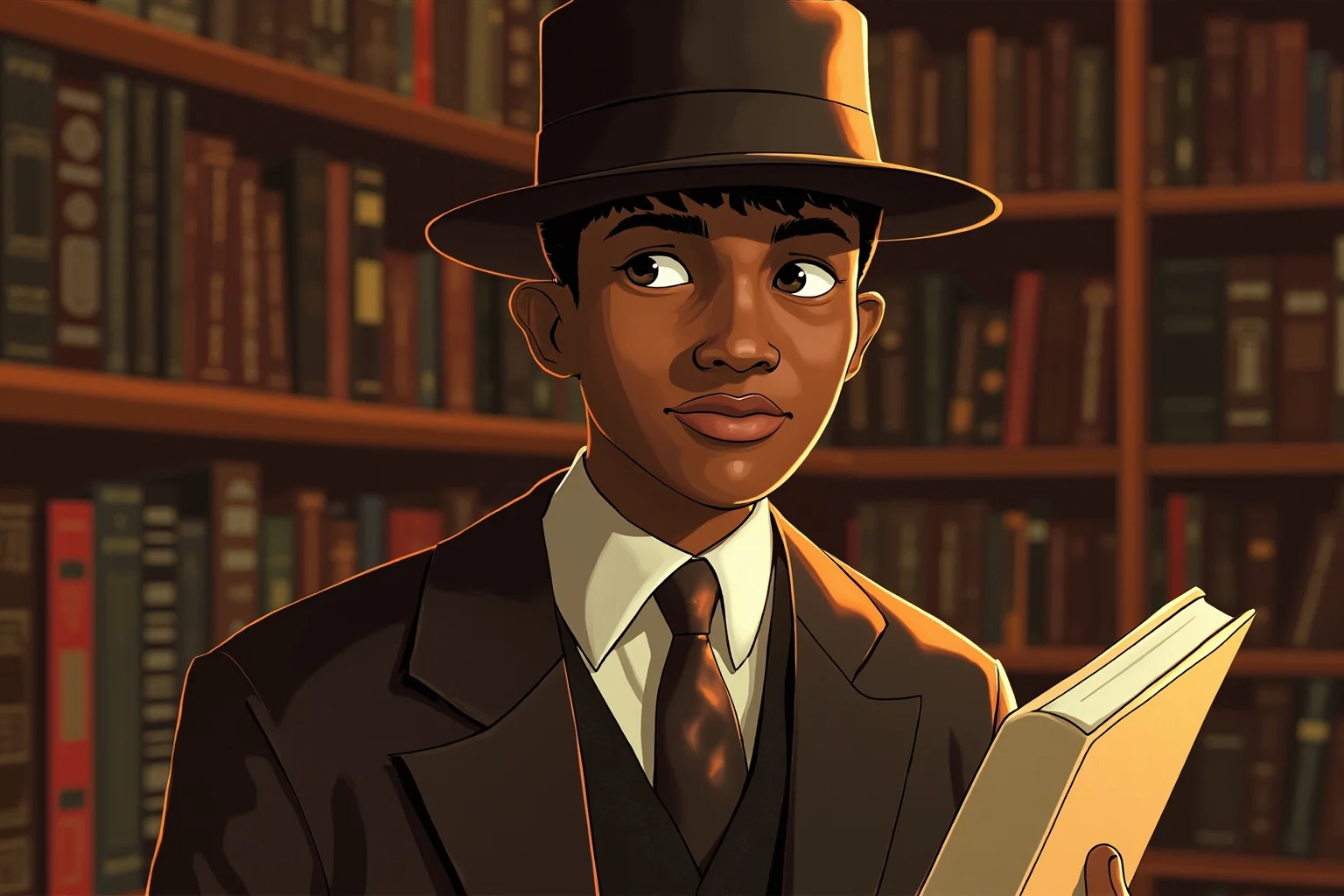 Illustration of a young 1920s Black poet in academic attire holding a slim poetry book, library shelves in the background, warm lighting