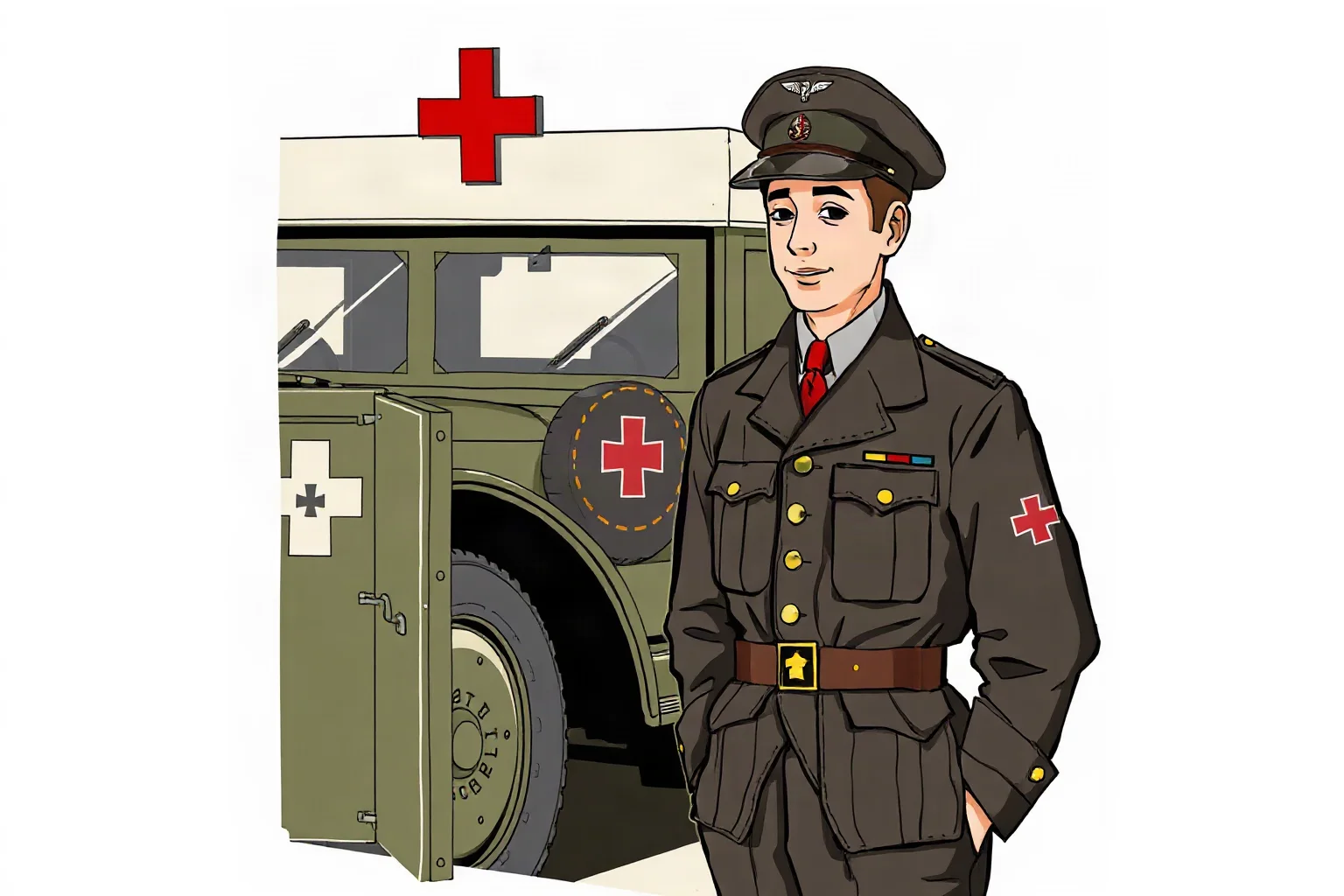 Illustration of a young 1920s writer in an ambulance driver's uniform beside a WWI-era ambulance vehicle