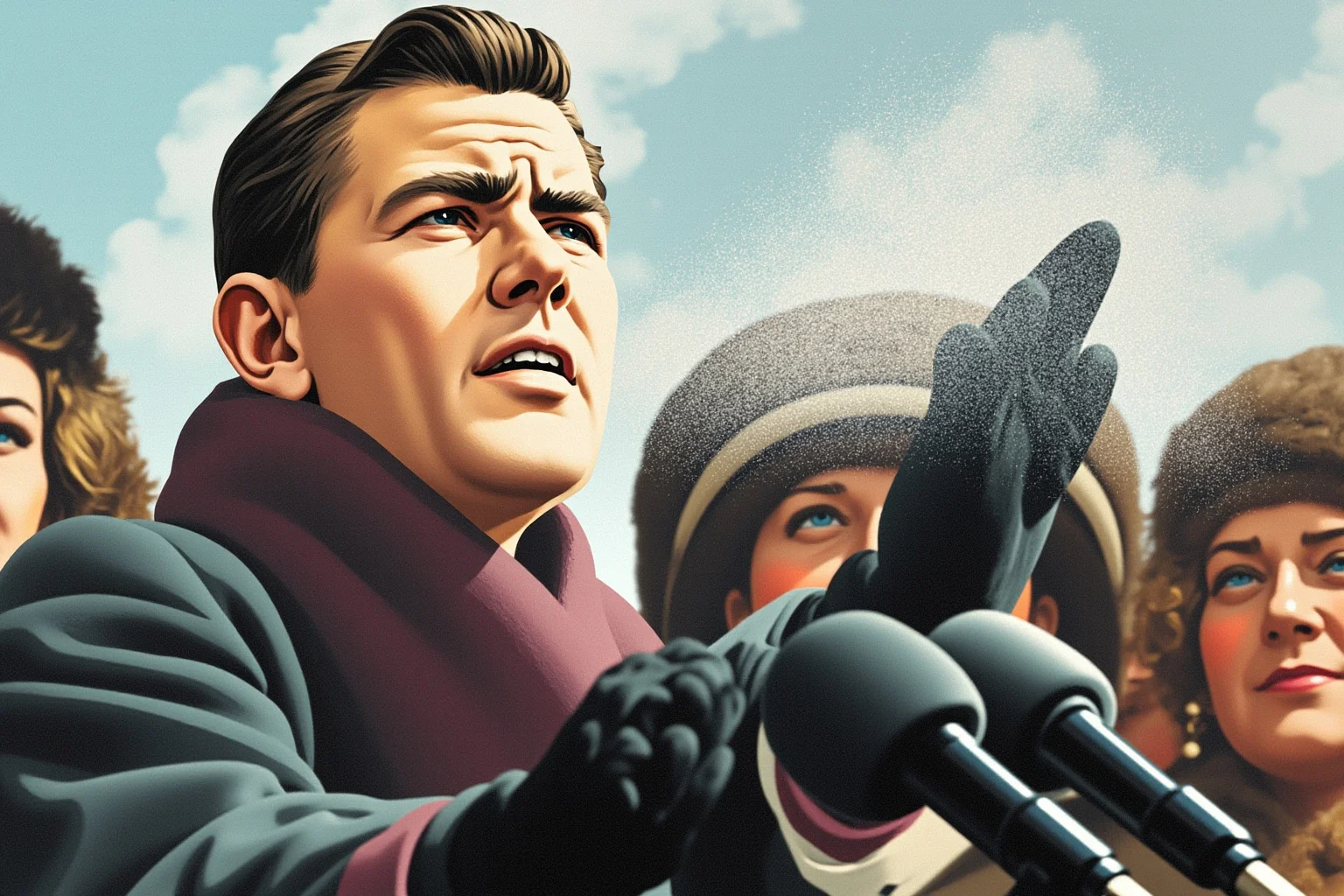 Illustration of a young 1960s president delivering an inaugural address outdoors in winter coats, breath visible in cold air