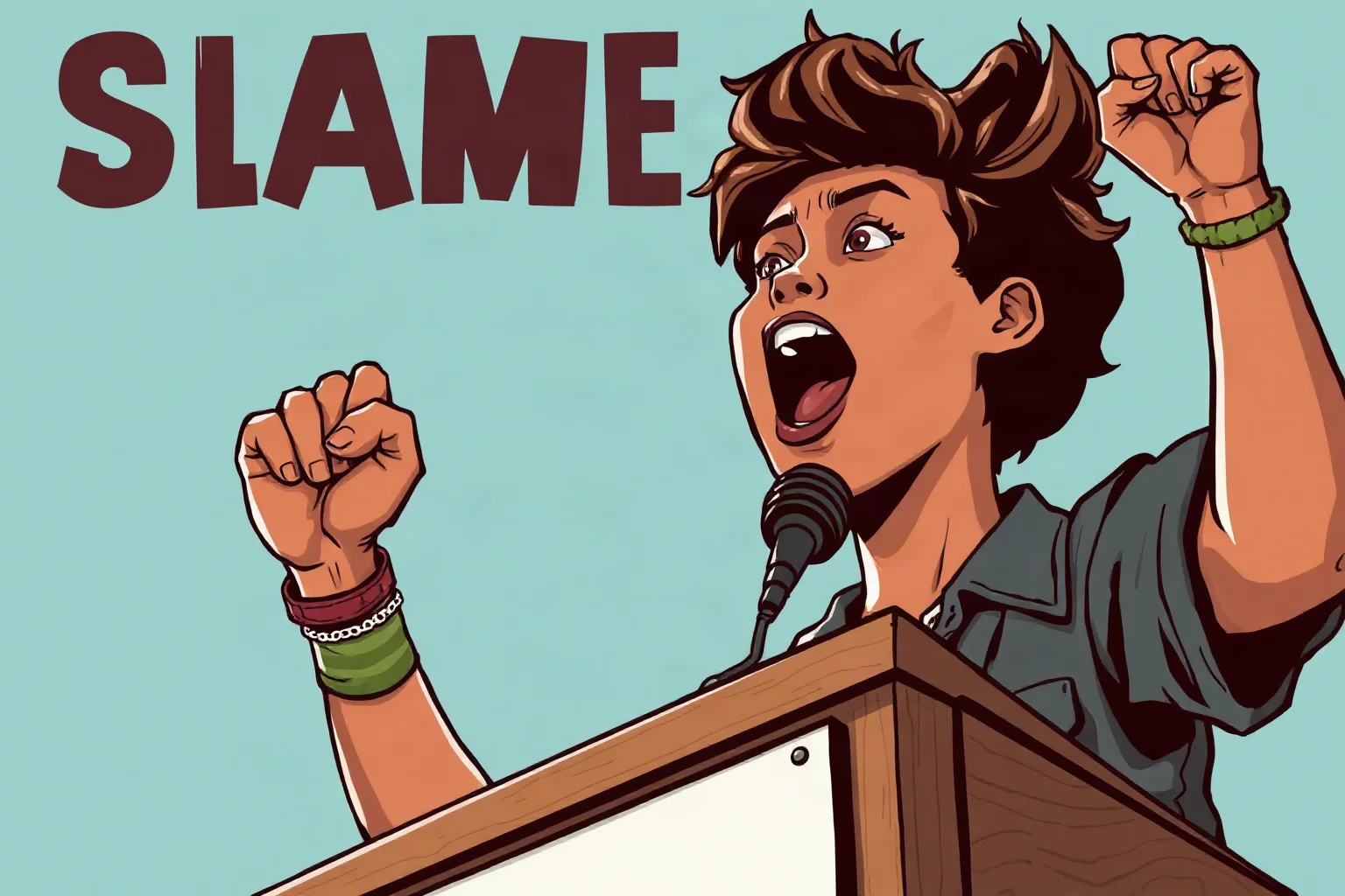 Illustration of a young activist speaking passionately at a podium with a raised fist, bold protest poster art style