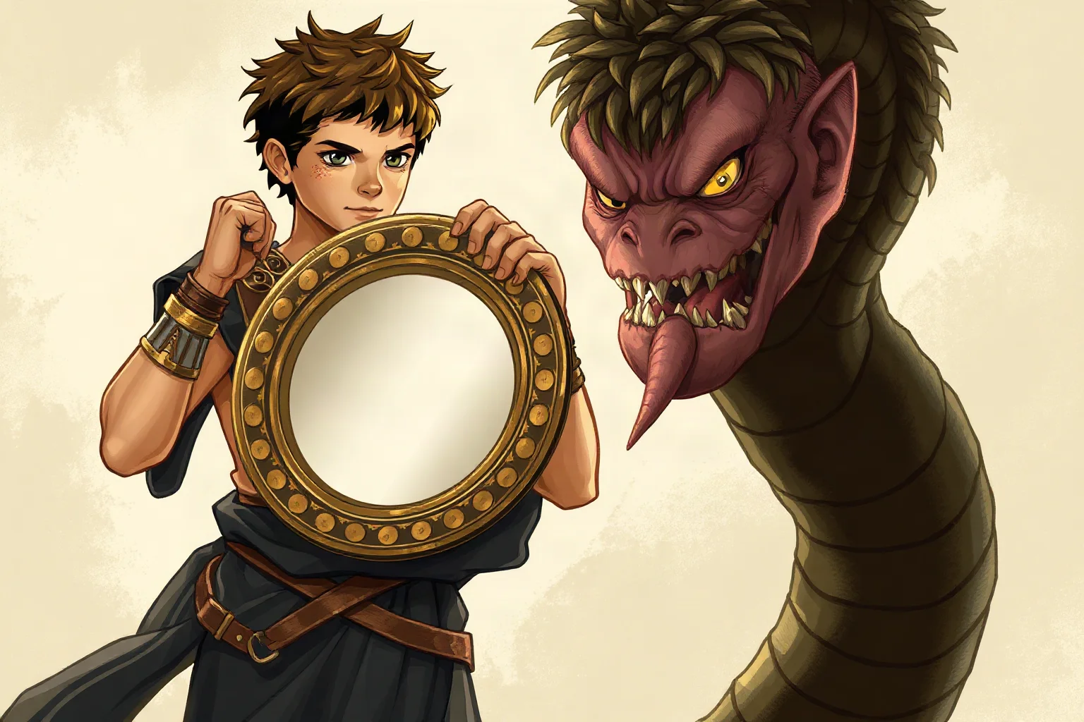 Illustration of a young ancient Greek hero holding up a mirrored shield, avoiding the gaze of a snake-haired monster