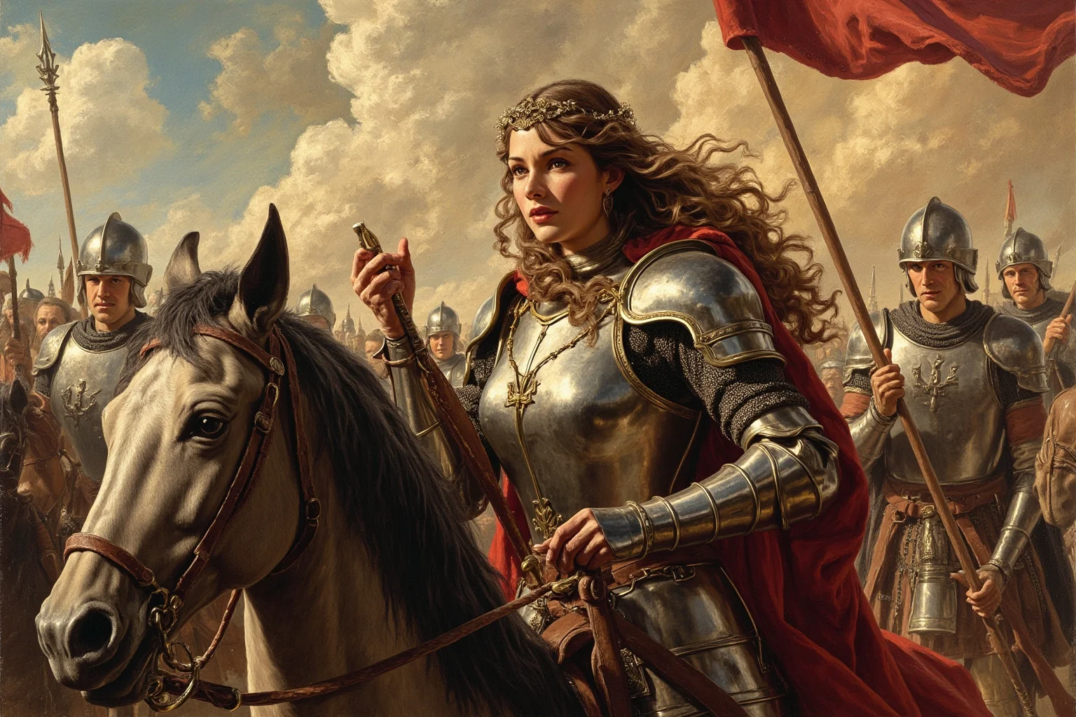 Illustration of a young armored medieval woman leading soldiers with a banner, historical painting style