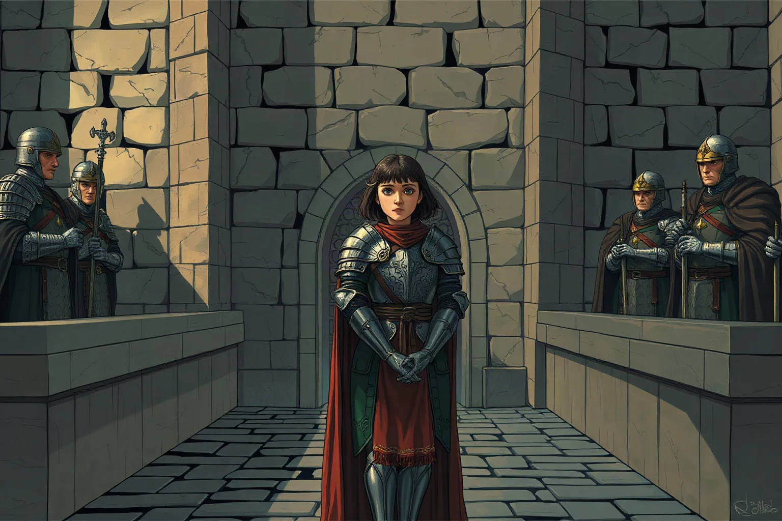 Illustration of a young armored medieval woman standing calmly before a row of stern judges in a stone hall