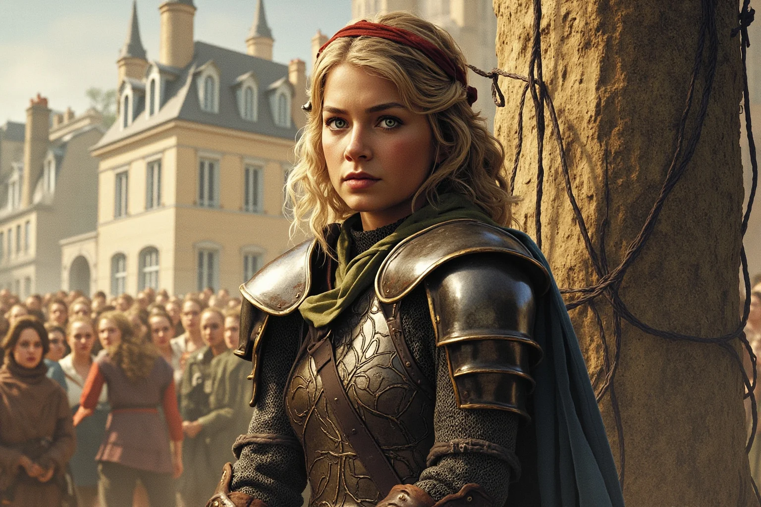 24 Historical Figures Who Became Martyrs for Their Cause 6 Illustration of a young armored warrior woman at the stake, medieval French town square in the background