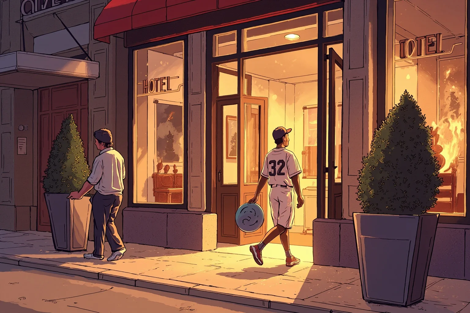 Worst Baseball Players Of All Time: 20 Infamous MLB Legends Everyone Remembers 16 Illustration of a young baseball player walking away from a heated confrontation near a hotel entrance