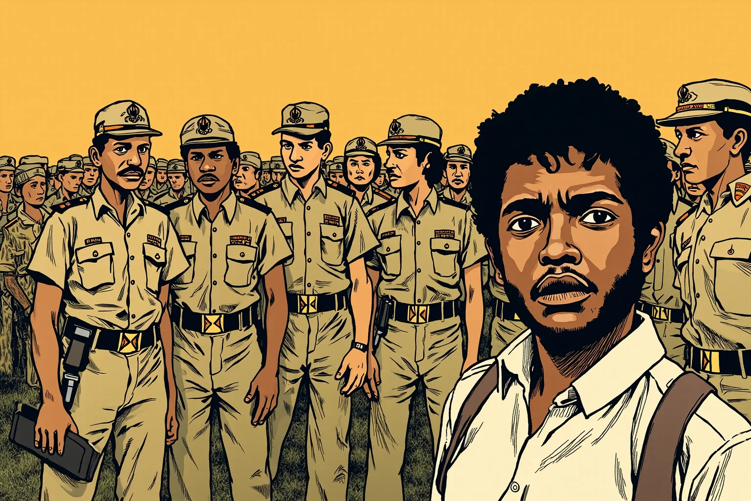24 Historical Figures Who Became Martyrs for Their Cause 19 Illustration of a young Black activist standing resolutely before a group of uniformed officers in 1970s South Africa