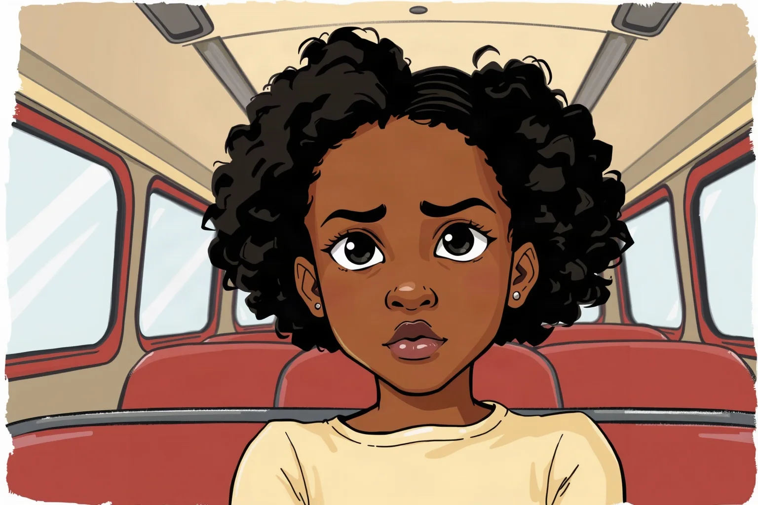 Illustration of a young Black teenage girl sitting resolutely on a 1950s bus seat, determined expression