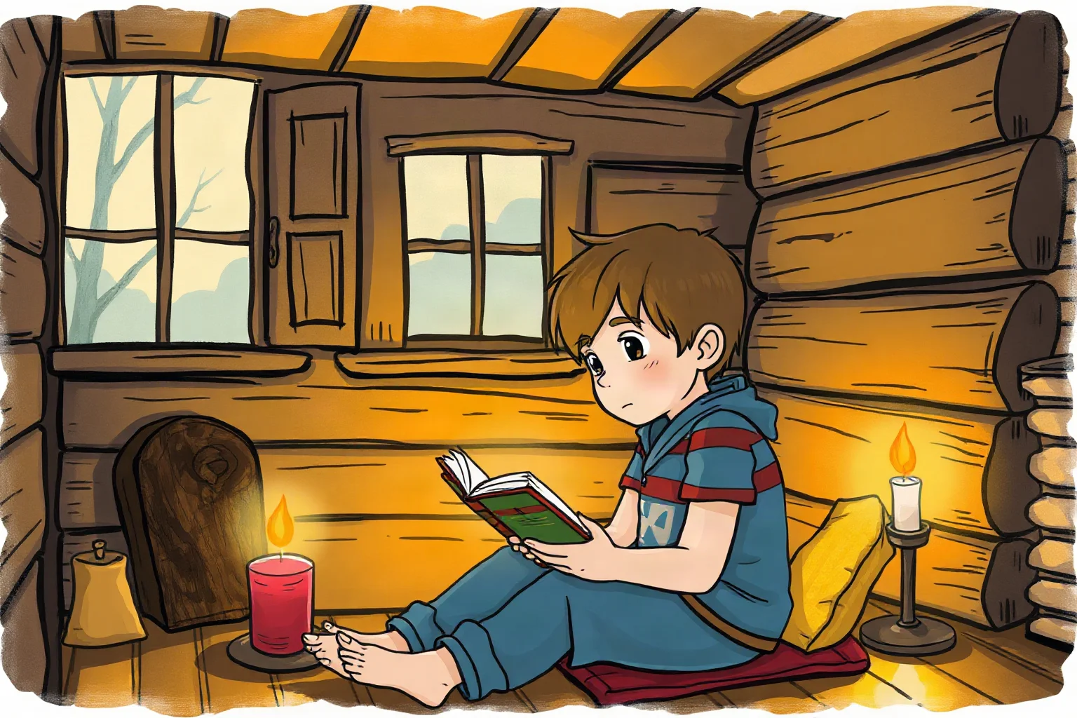 Illustration of a young boy reading a book by candlelight in a rustic one-room cabin