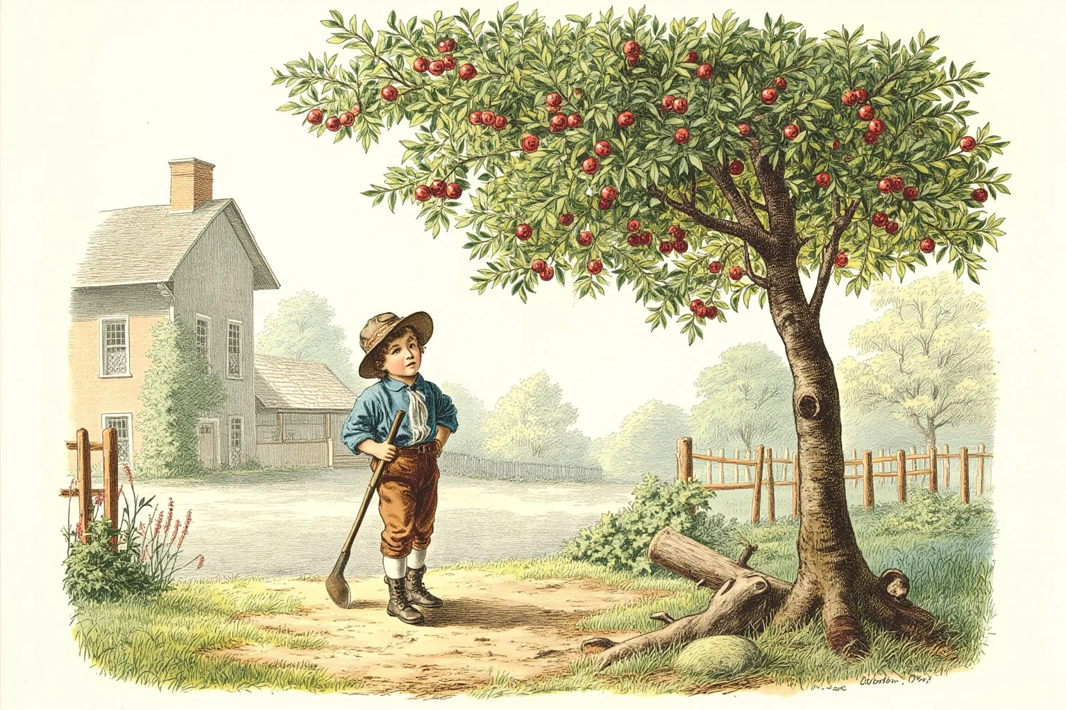 Illustration of a young boy standing near a small cherry tree with an axe leaning against it in a colonial garden