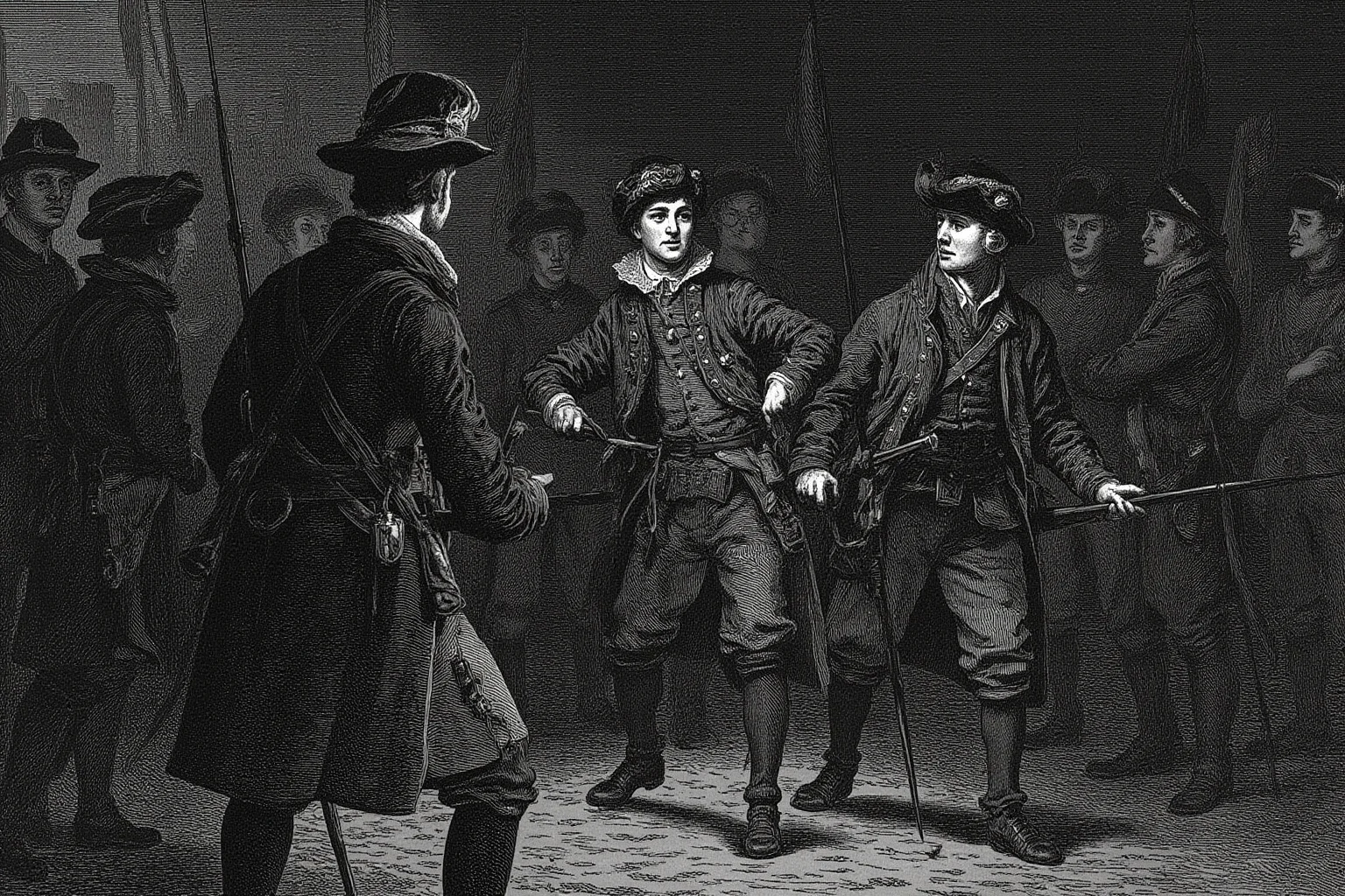 Illustration of a young colonial-era soldier being led away by British troops at night, 18th-century setting