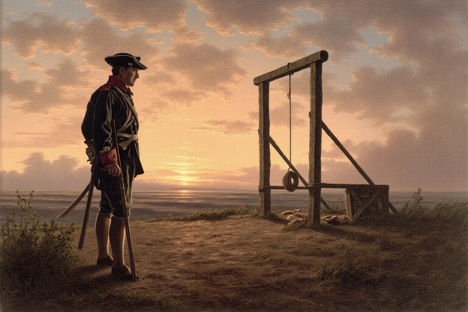 24 Historical Figures Who Became Martyrs for Their Cause 10 Illustration of a young colonial-era soldier standing composed before a British gallows at dawn