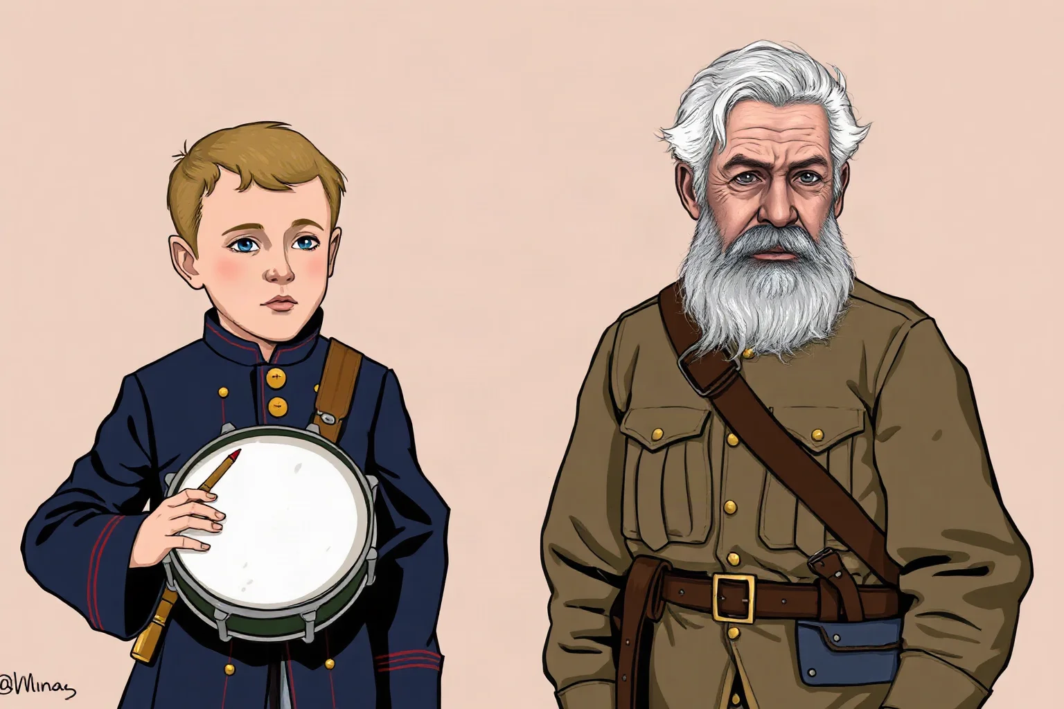 Illustration of a young drummer boy in an oversized Civil War uniform standing beside an older gray-haired volunteer soldier
