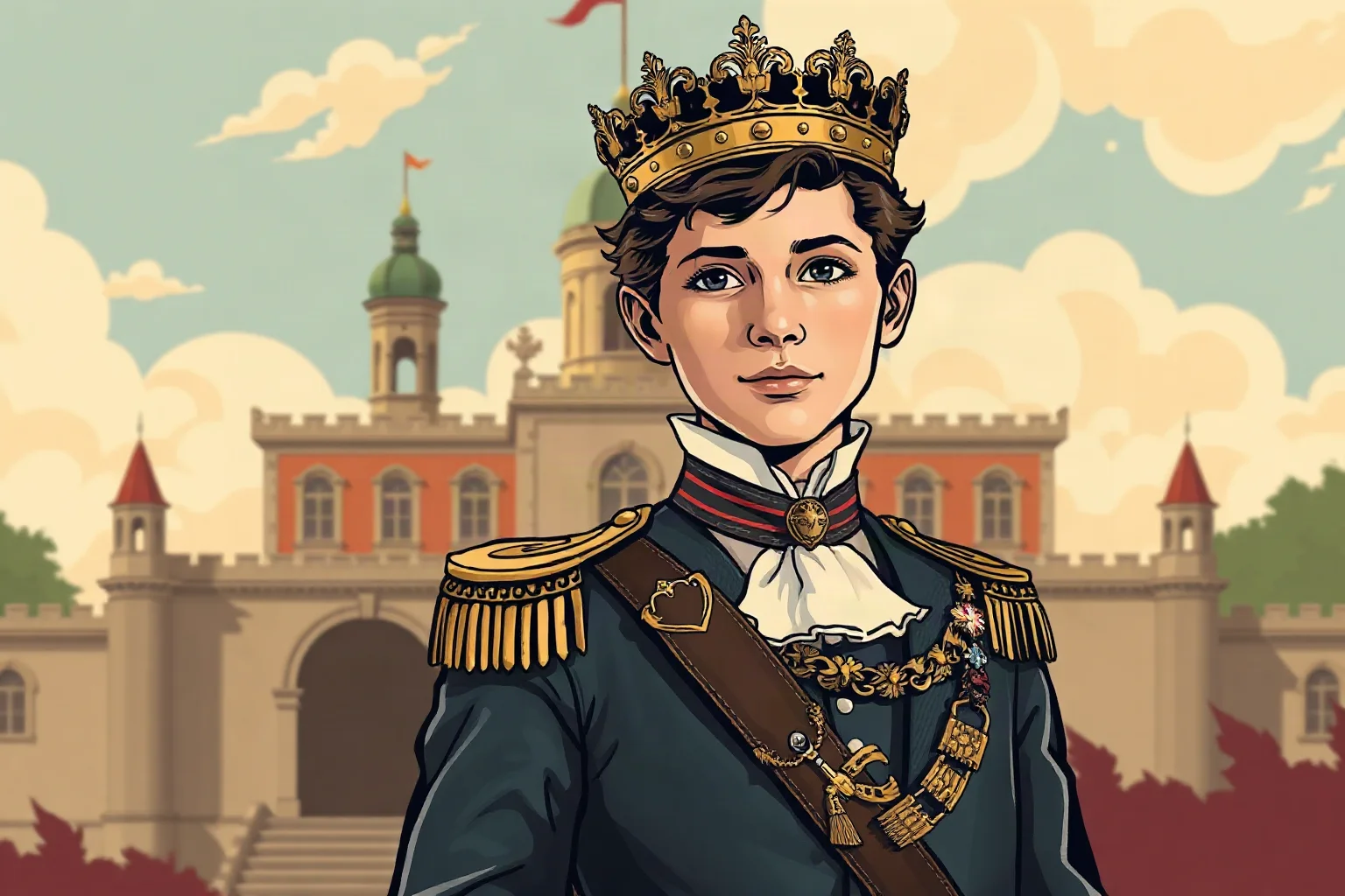 Illustration of a young European crown prince in formal royal attire standing before a palace backdrop, retro regal poster style