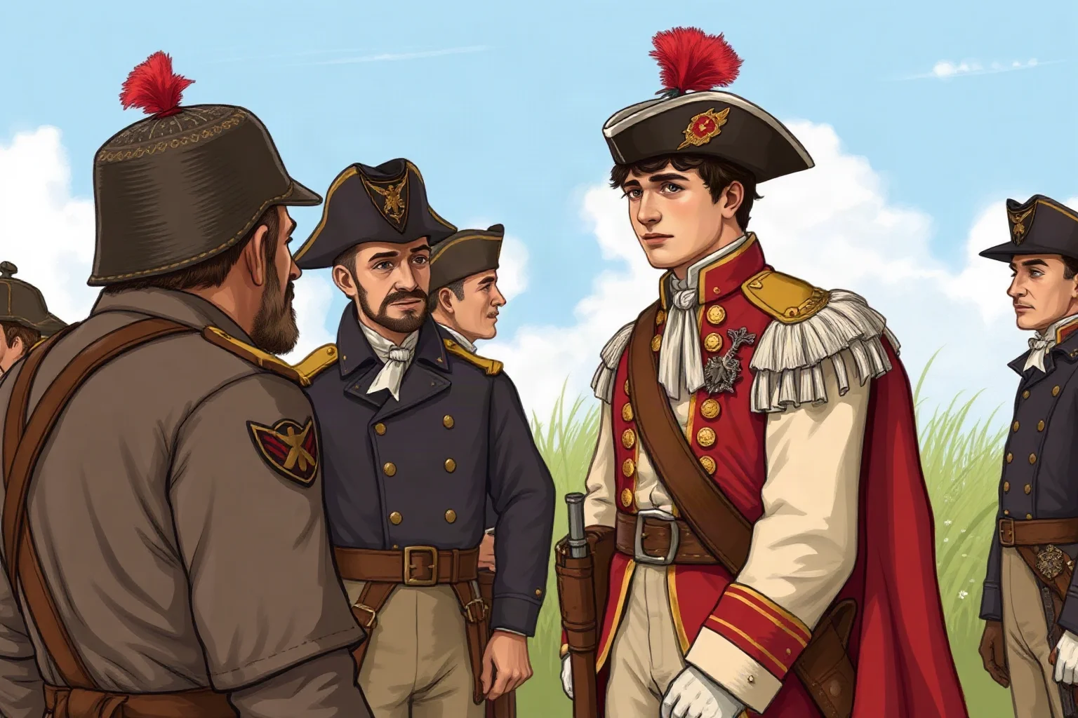Illustration of a young European nobleman in Continental Army uniform conferring with American officers