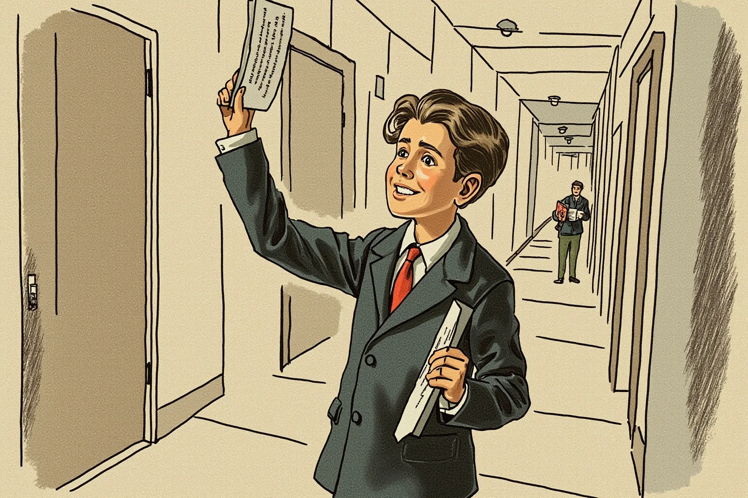 24 Historical Figures Who Became Martyrs for Their Cause 11 Illustration of a young European student clutching leaflets, standing defiantly in a 1940s university hallway