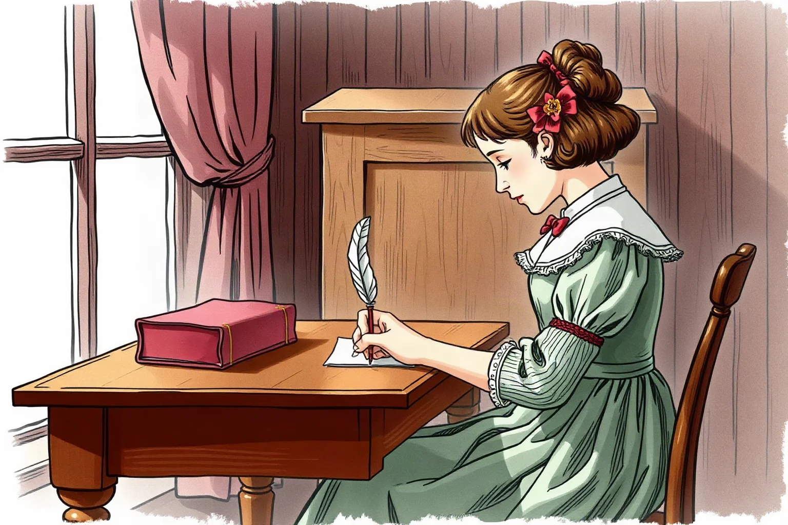 Illustration of a young girl writing a letter at a wooden desk with quill and paper, Victorian era