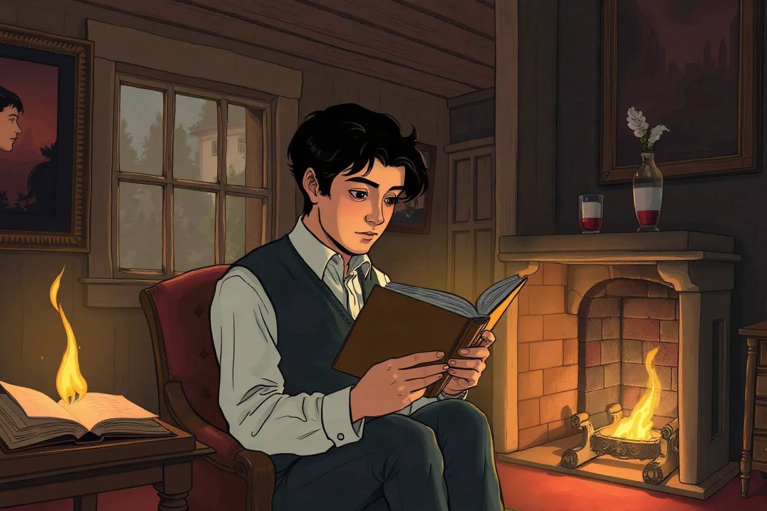 Illustration of a young man reading a book secretly by firelight in a modest 19th-century room