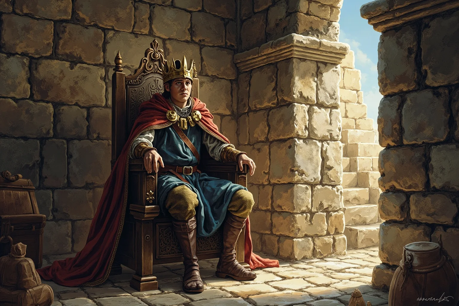 Monarchs Whose Reigns Were Hilariously Short 3 Illustration of a young medieval boy king seated uneasily on a throne inside a stone tower room