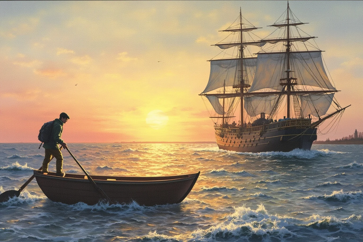 Illustration of a young naturalist boarding a small rowboat toward a large sailing ship at dawn