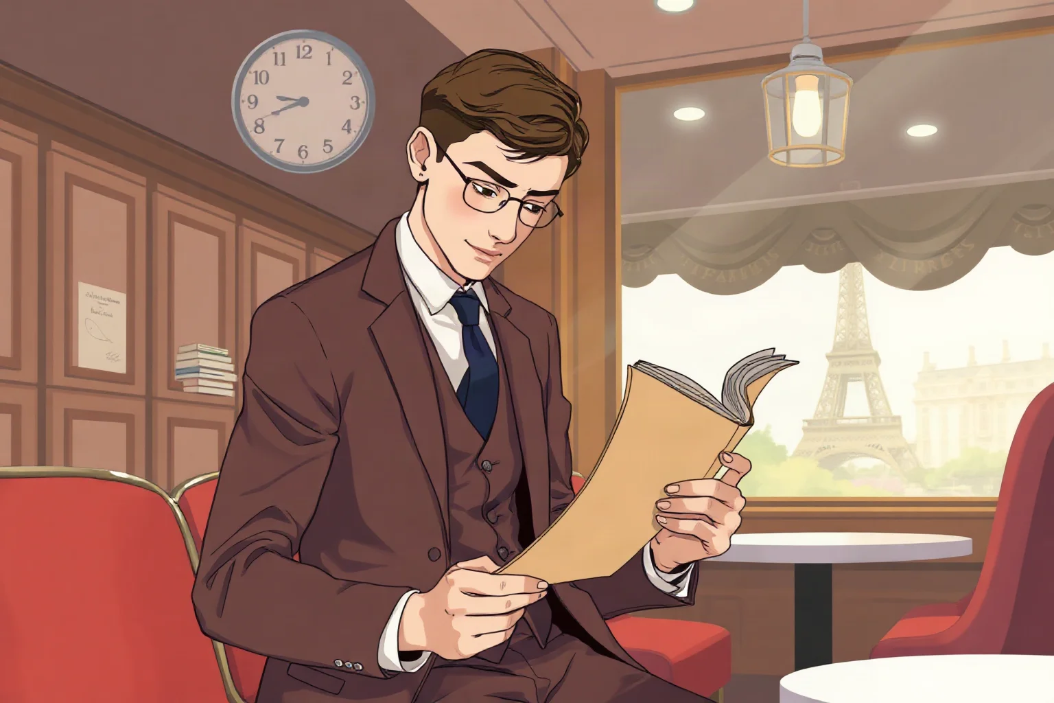 Illustration of a young poet-lawyer in a tailored suit reading a manuscript in a Paris café, 1920s style