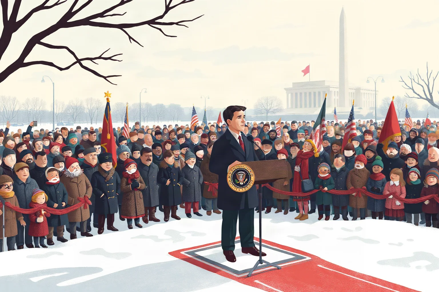 Illustration of a young president delivering an inaugural speech on a winter day before a large crowd