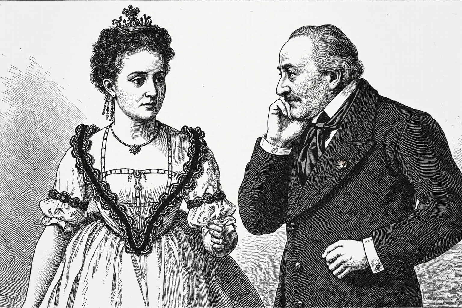 Lord Byron and Lady Caroline Lamb: History's Messiest Love Story 21 Illustration of a young queen-to-be figure in early Victorian dress conversing with an older statesman advisor