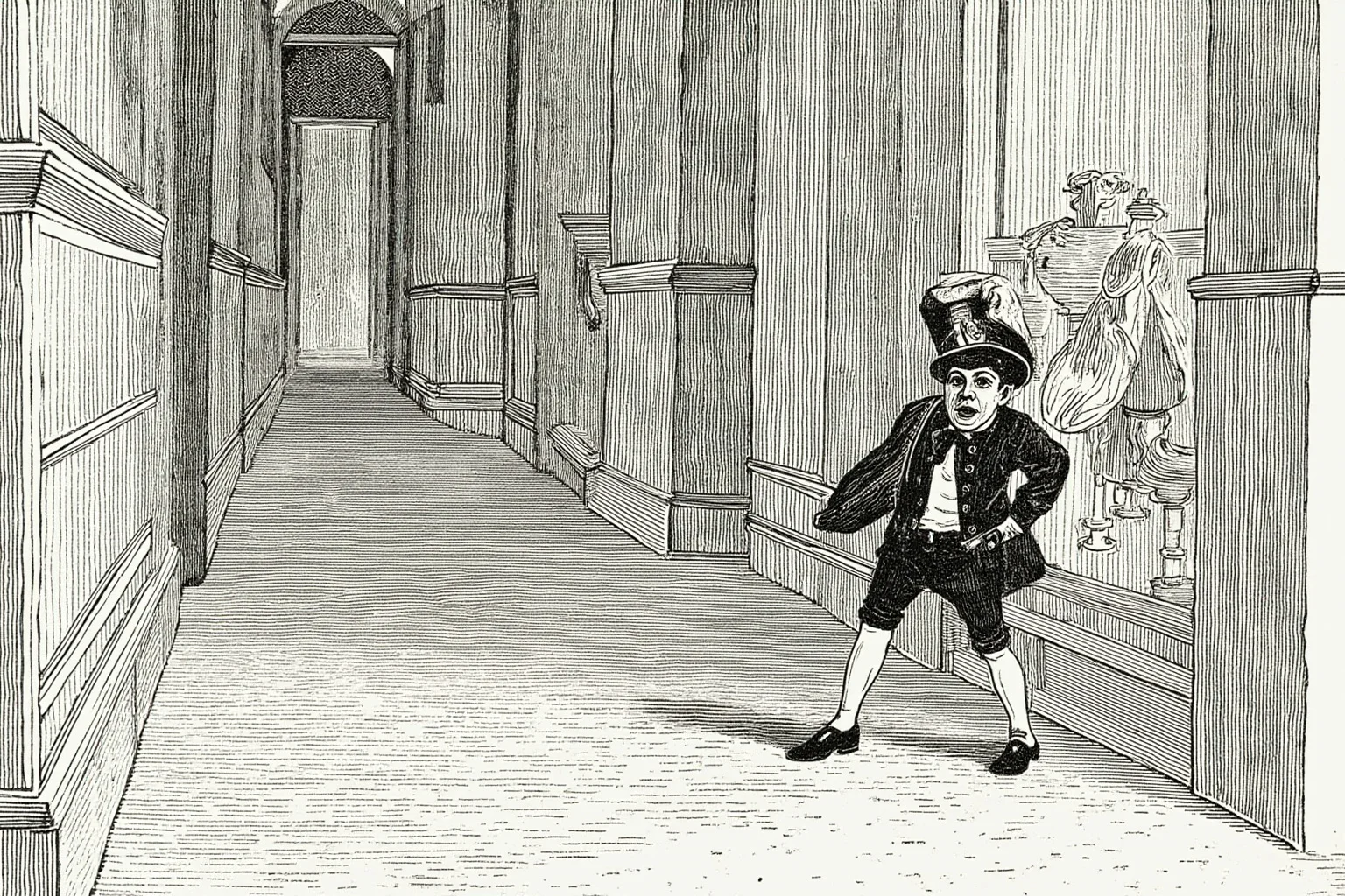 Lord Byron and Lady Caroline Lamb: History's Messiest Love Story 10 Illustration of a young Regency-era figure in a page boy costume sneaking through a grand hallway