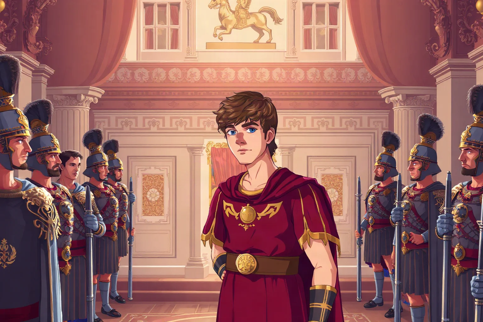 Illustration of a young Roman emperor in an ornate palace hall surrounded by guards