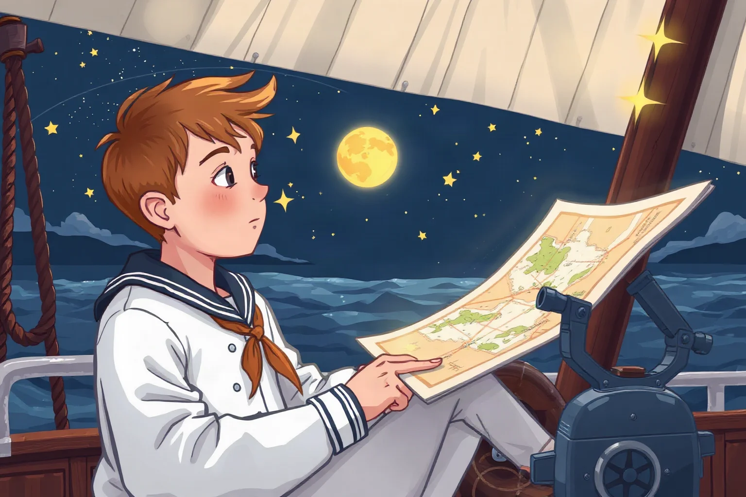 Illustration of a young sailor studying maps and stars aboard a ship at night