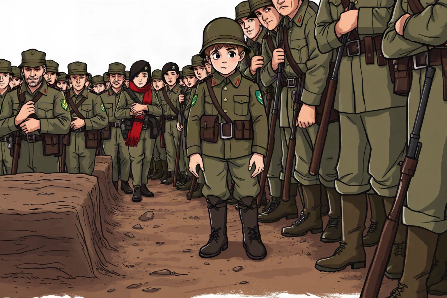 Illustration of a young soldier's oversized uniform and boots standing among taller adult soldiers in a trench line