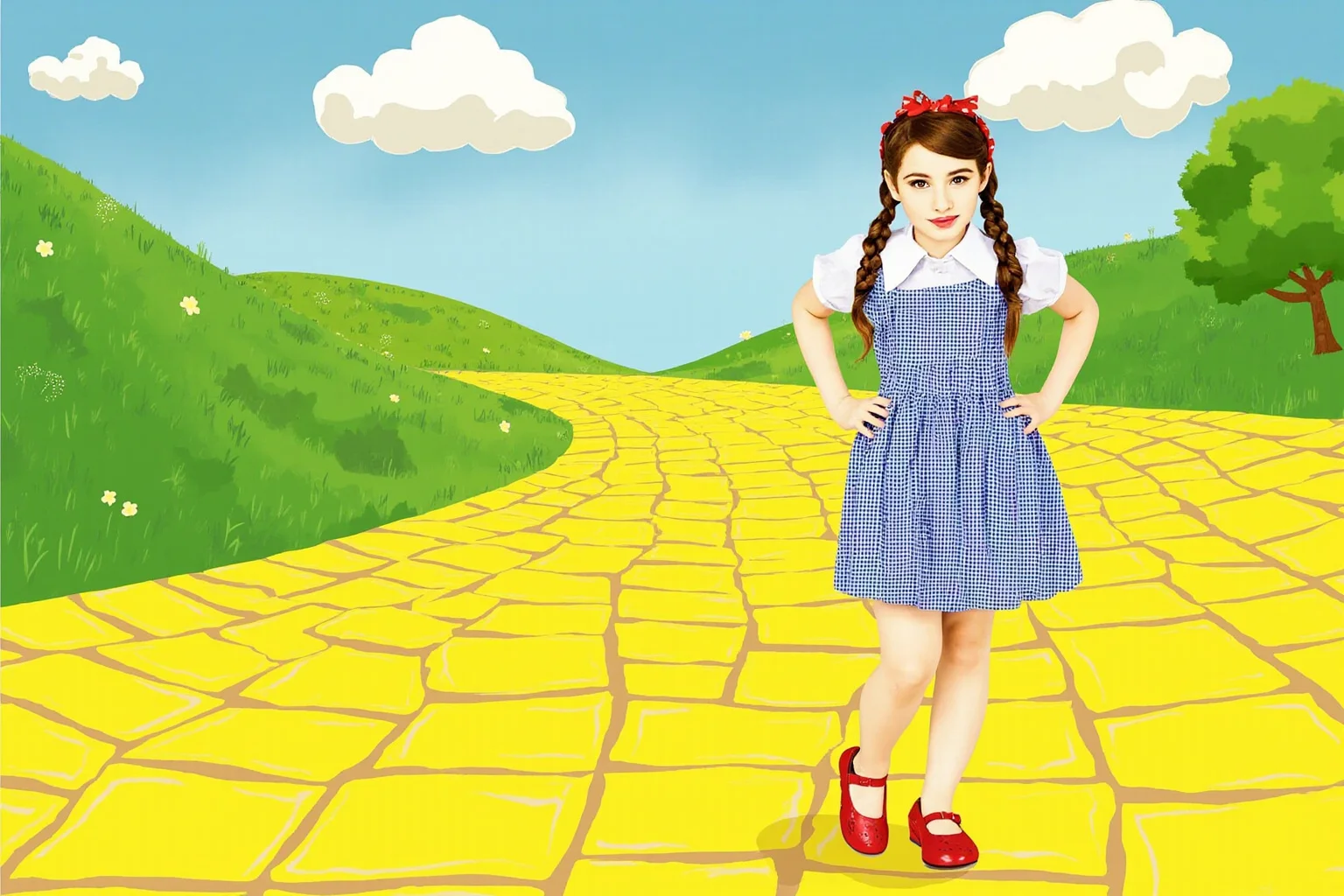 The Heartbreaking Life Story of Judy Garland: 26 Facts You Should Know 7 Illustration of a young woman in a gingham dress and ruby slippers standing on a colorful yellow brick road