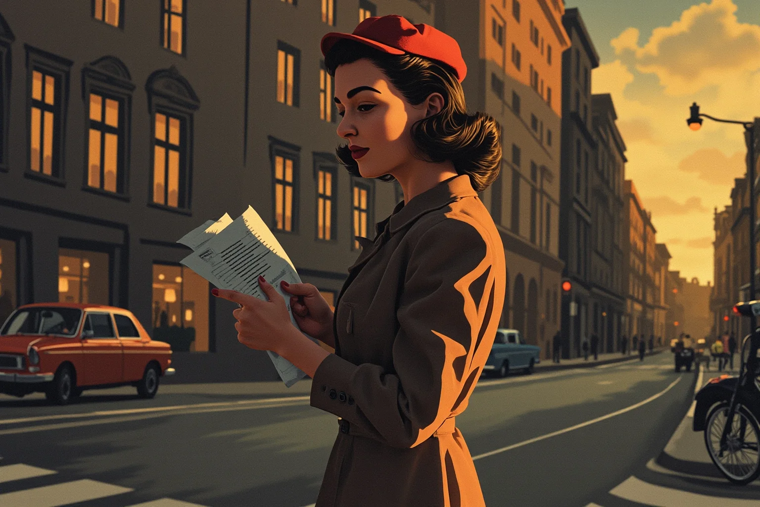 Illustration of a young woman quietly distributing leaflets on a European city street at dusk, 1940s style