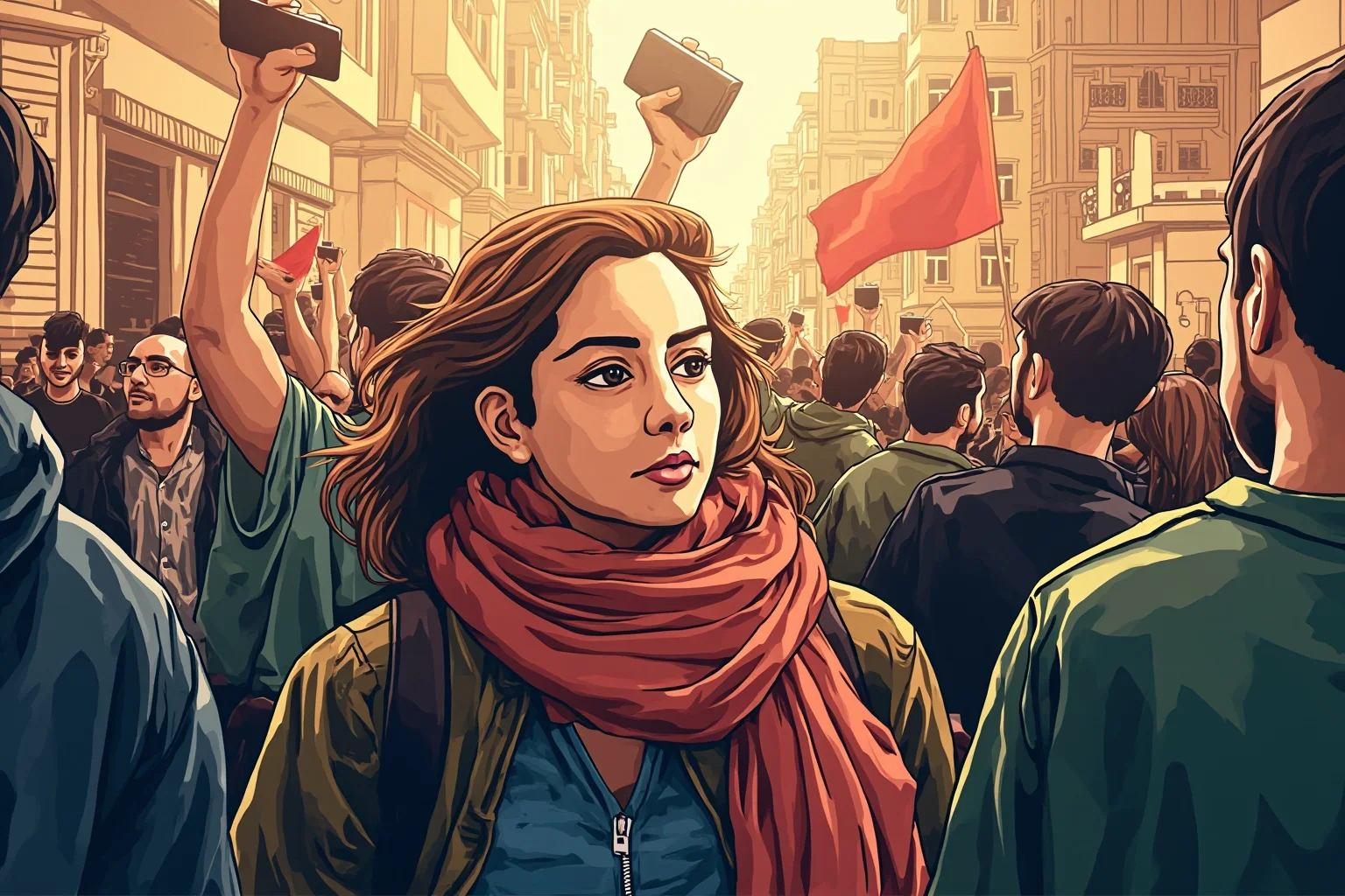 24 Historical Figures Who Became Martyrs for Their Cause 23 Illustration of a young woman standing amid a crowd of protesters holding phones aloft in a Middle Eastern city street