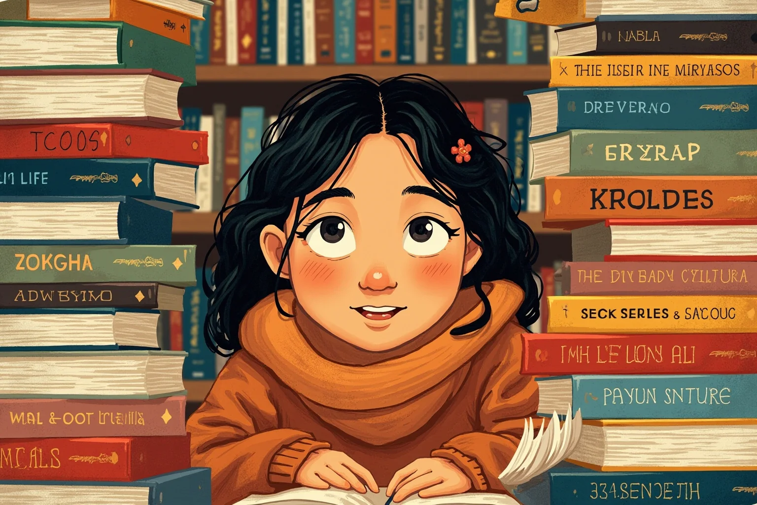 Illustration of a young woman surrounded by stacks of books labeled with different language titles, cozy library setting